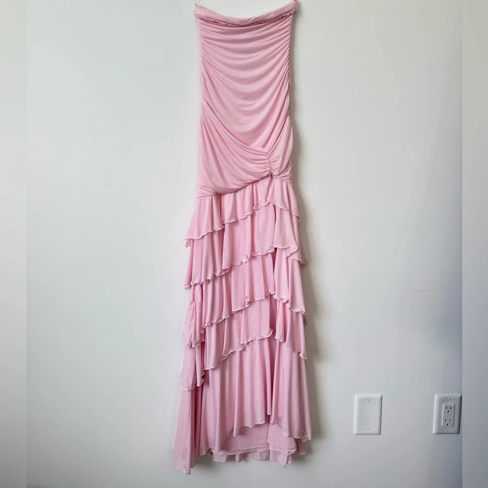 Oh Polly Hayami Bandeau Ruched Ruffle-Trim Maxi Dress in Blush - Size 2 - Picture 13 of 16